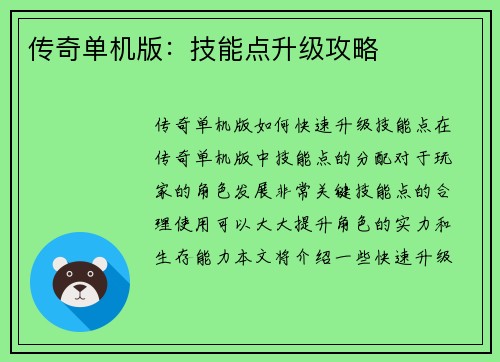 传奇单机版：技能点升级攻略
